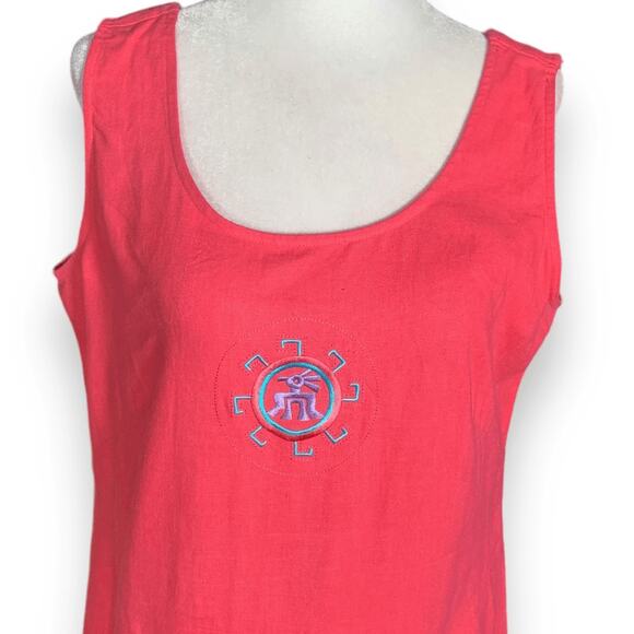 Vintage 90s Coral Linen Blend Maxi Kokopelli Embroidered Pattern Sundress 10 - Picture 2 of 9